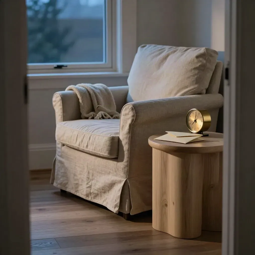 Armchair nook with brass clock and sealed envelopes at blue hour