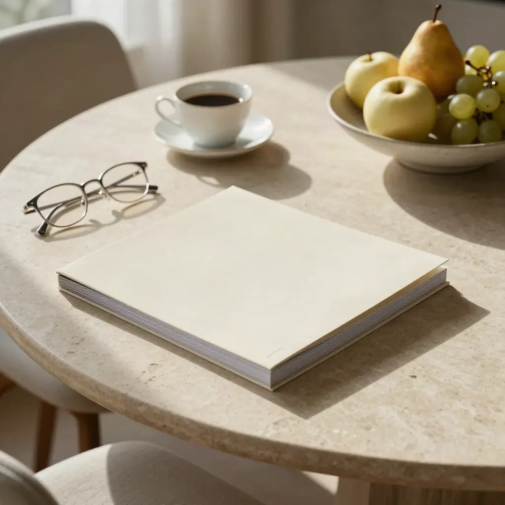 Stone dining table with a cream report folio, silver glasses, coffee cup, and fruit bowl in warm window light.