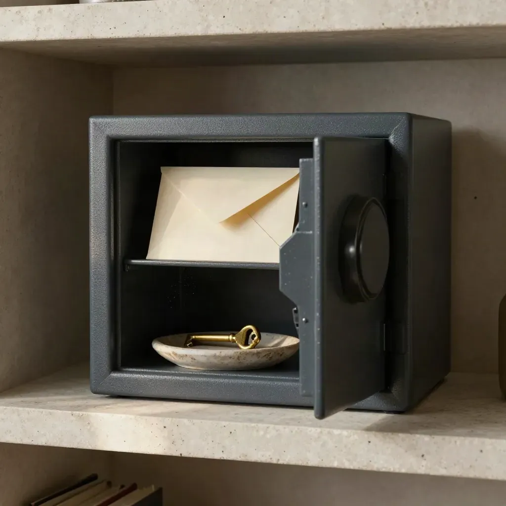 Half-open safe with ivory envelopes, brass key and stone dish on a travertine shelf.