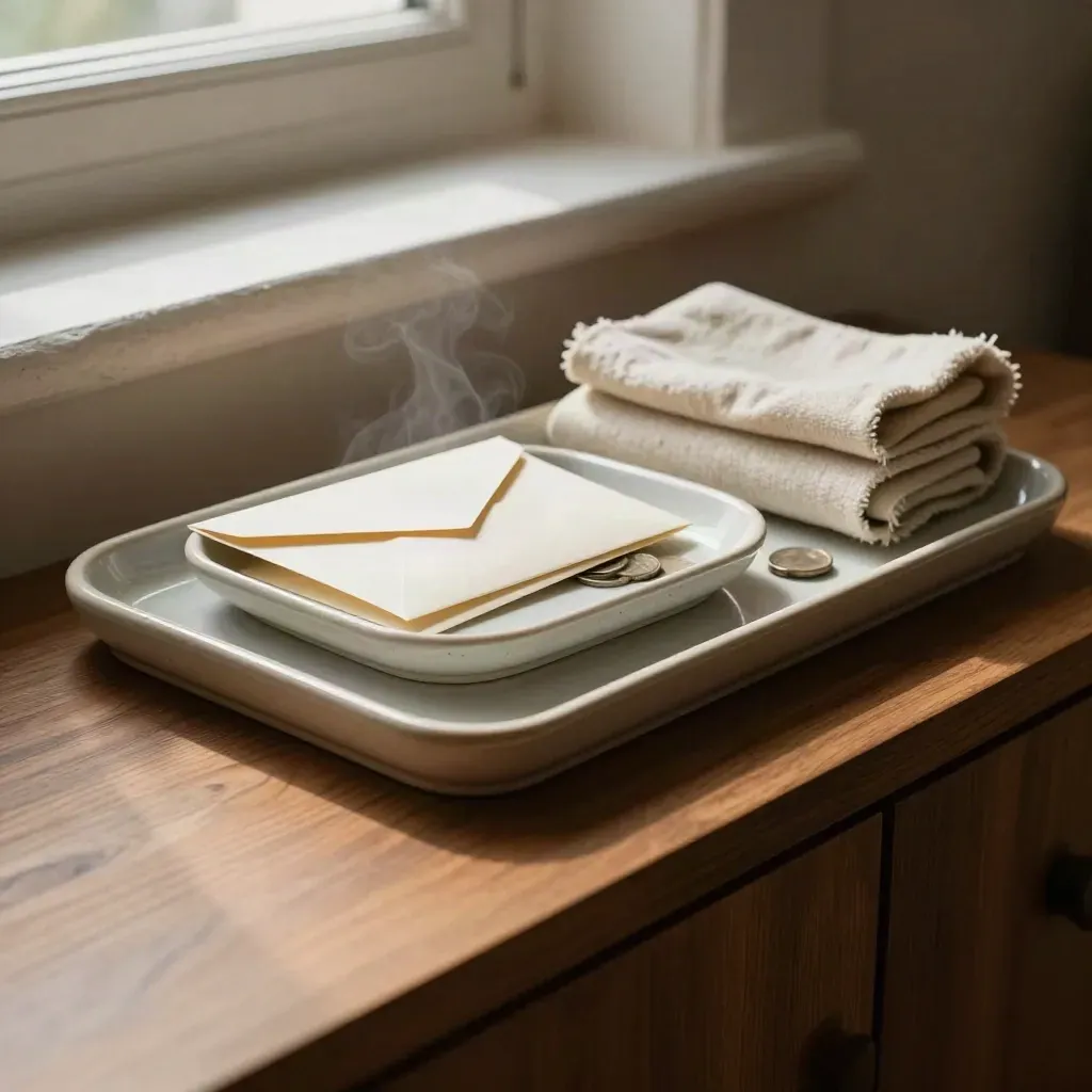 Pale ceramic trays with envelopes, coins, and wool on a walnut ledge in soft morning light.