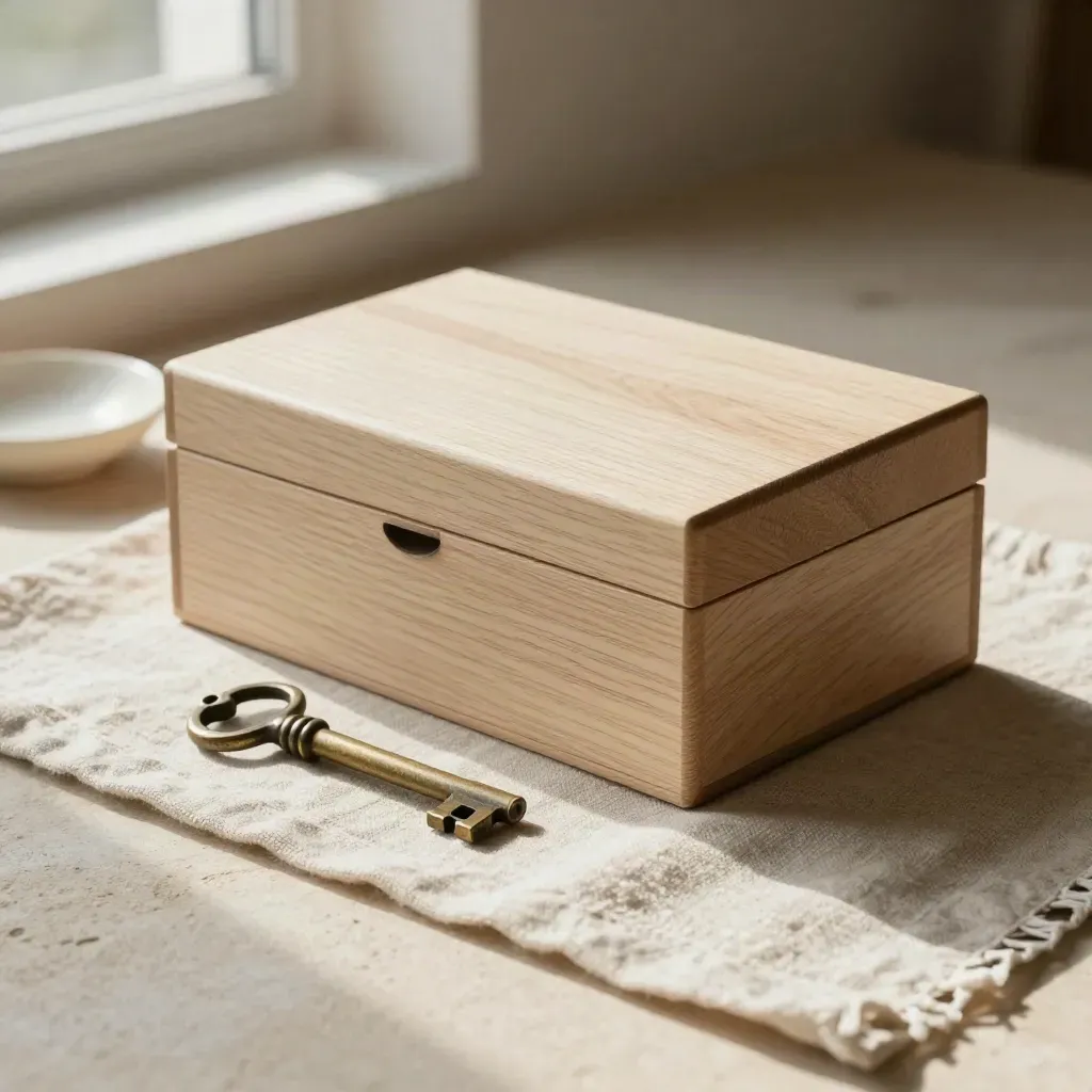 Oak trust box, heirloom key and ceramic dish on linen in soft window light.