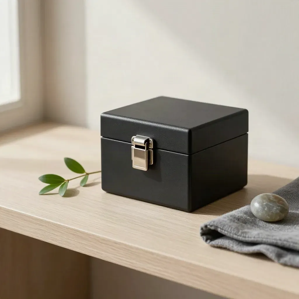 Matte black lockbox ajar with plant sprig, grey cloth and stone weight on pale wood.