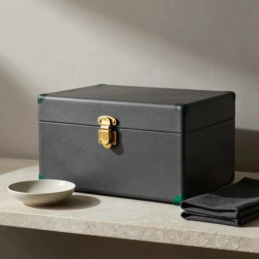 Charcoal dossier case with brass clasp, ceramic dish and linen on stone shelf
